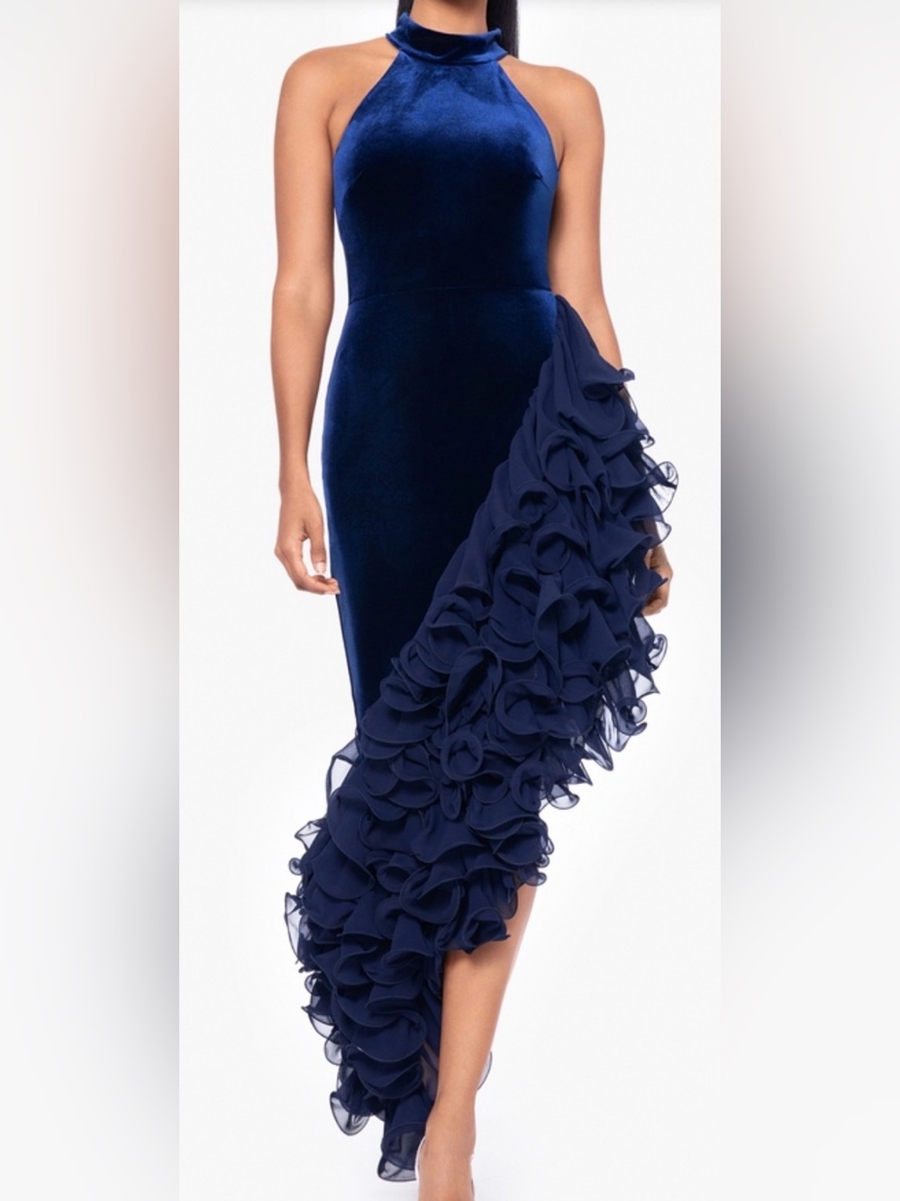 Betsy & Adam Navy Asymmetric Ruffle High-Low Skirt